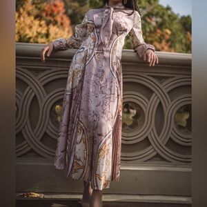 Zara Long-Sleeve Midi Dress in Pink/Purple and Gold Print